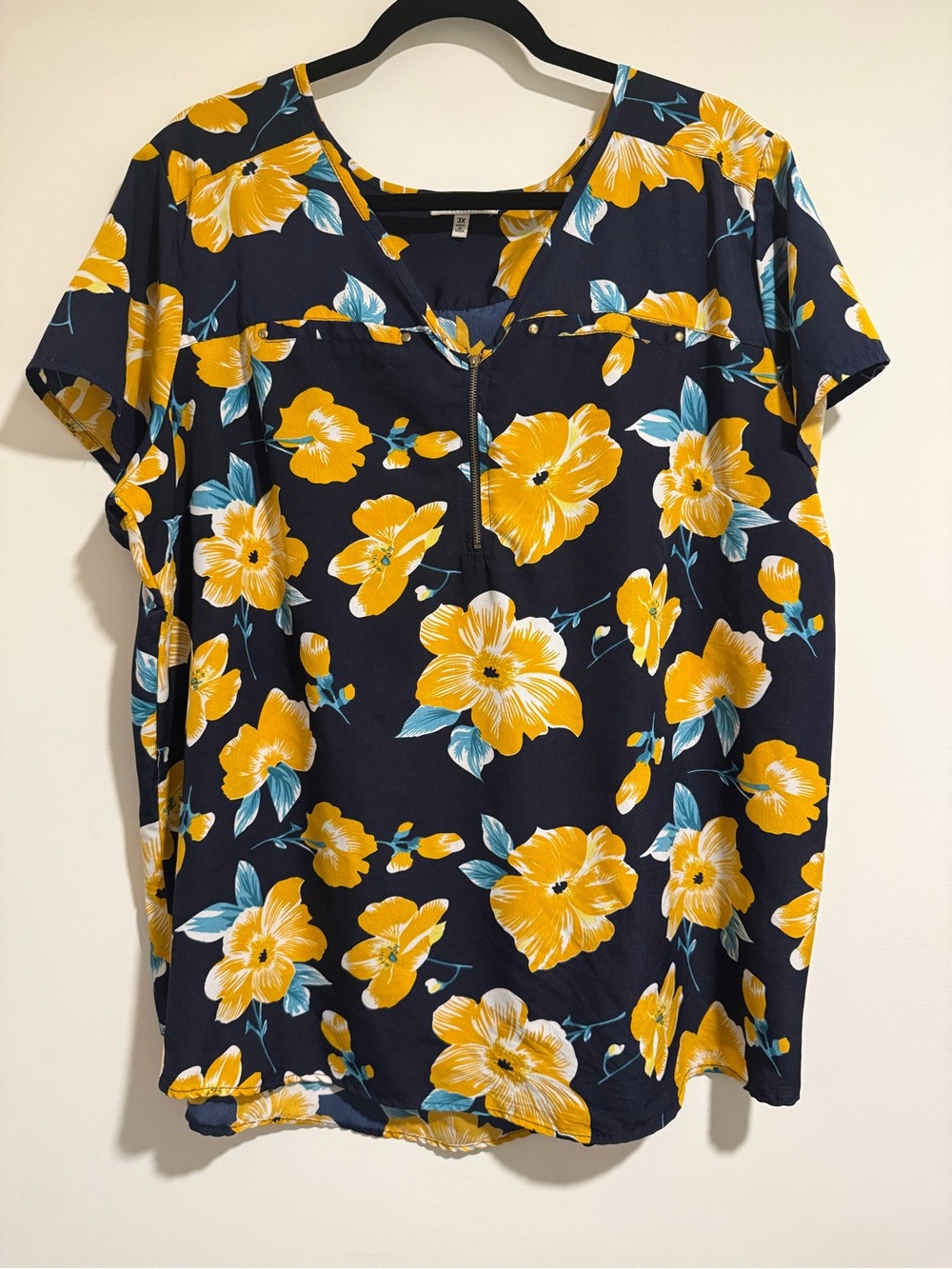 Women's Navy Floral Zip-Front Short Sleeve Blouse - Yellow Floral